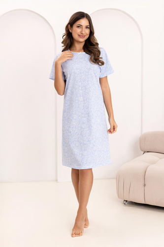 169 Camicia da notte Regina blu - cotone, disegno floreale, scollatura semicircolare