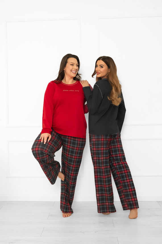 Pigiama donna Italian Fashion in cotone melange scuro, manica lunga e pantalone, a quadri