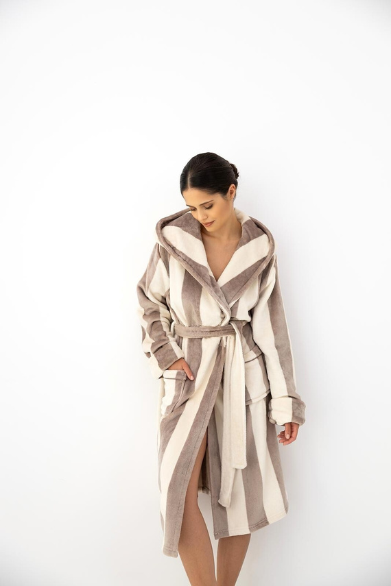 Accappatoio donna Sensis Lirien ecru-mocca lungo con cappuccio e tasche