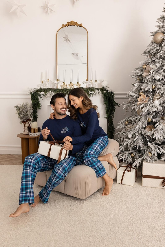 Pigiama da uomo Regina 507 blu navy - cotone, lungo, camicia stampata e pantaloni a quadri