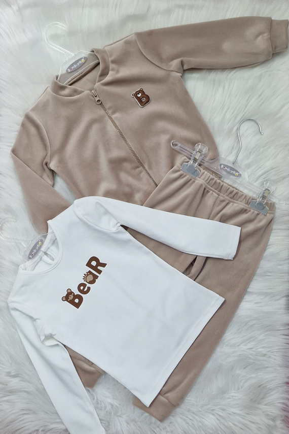 Orso tuta in velluto per bambini Bambarillo beige | Set morbido