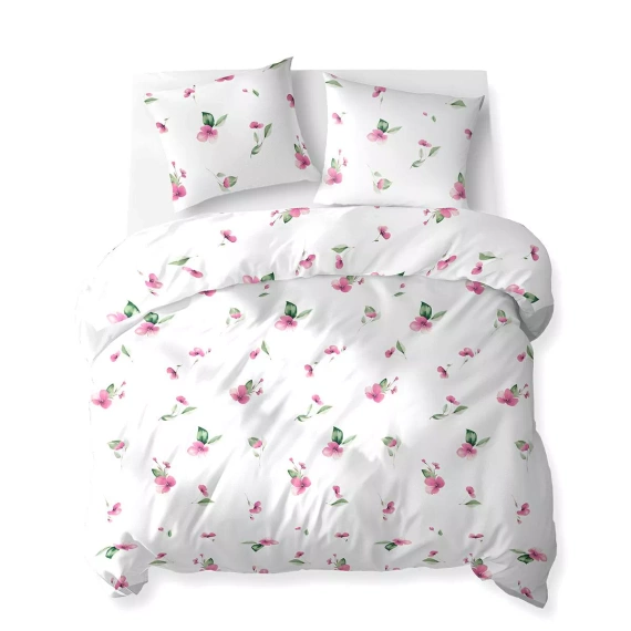 5769 A Detexpol Biancheria da letto in cotone Bloom bianca con fiori rosa e foglie verdi - 100% cotone, double face, lucido