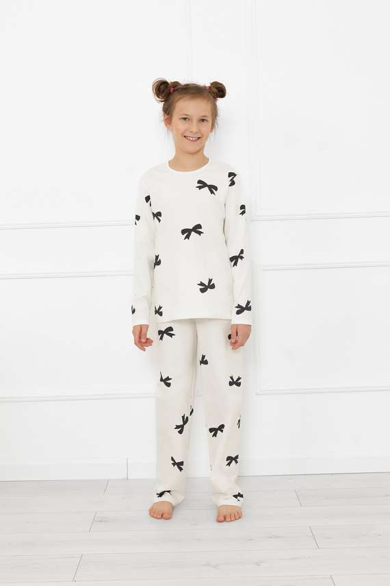 Pigiama da bambina Fiocca- ecrù, cotone, manica lunga e pantalone Moda italiana