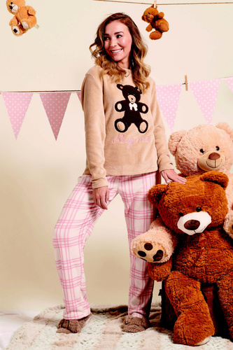 Pigiama da donna Madlen Sorbetto marrone - in pile, con ricamo di orsetto e pantaloni a quadri