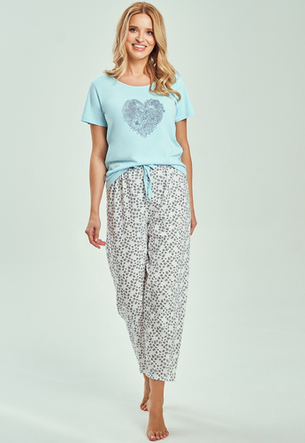 3513 Alessia Pigiama donna turchese - 100% cotone, maglia a maniche corte, pantaloni 7/8