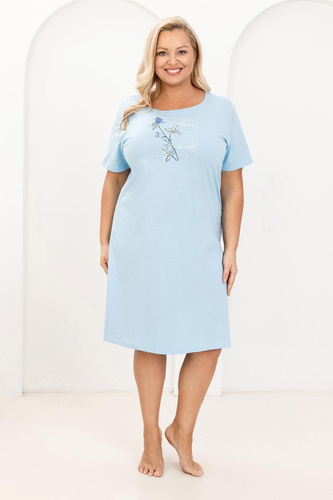 Camicia da notte da donna Regina 172 blu- 100% cotone, manica corta, mezza scollatura rotonda, stampa, lunghezza al ginocchio