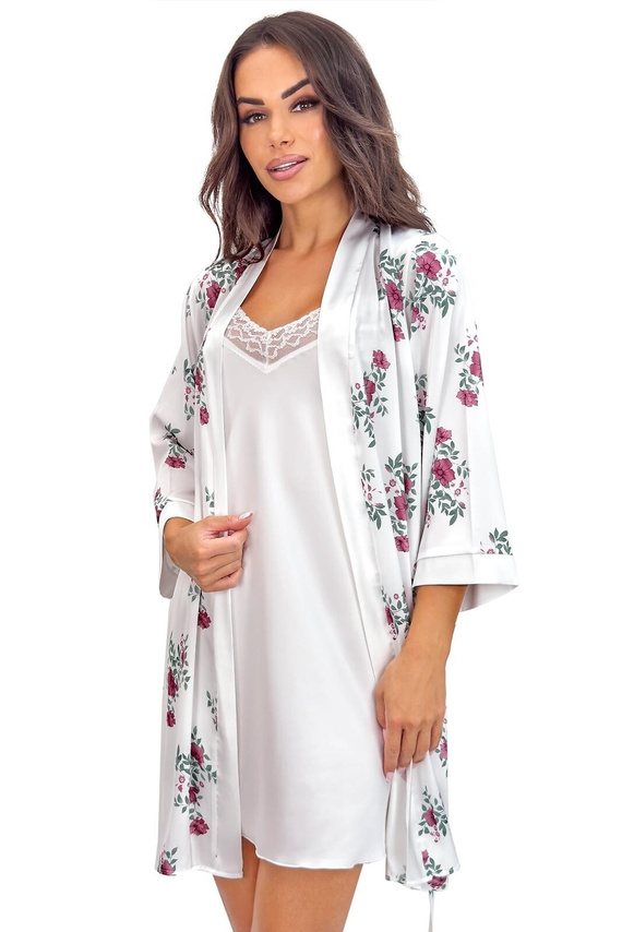 Accappatoio corto Julia ecru donna – satin, stampa floreale, cintura in vita