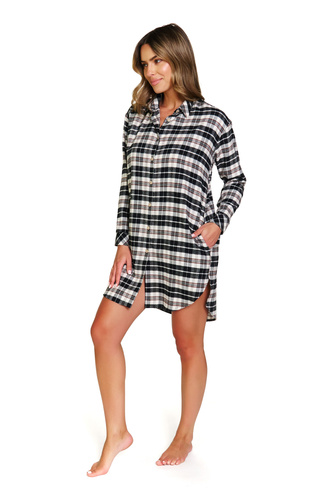 7336 Camicia da notte Doctor Nap - cotone, flanella, lunga, a quadri, sbottonata