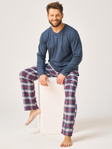 Pigiama uomo Key MNS 410 blu navy 100% cotone pantaloni in flanella