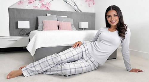 Donna Dani Long pigiama donna in cotone grigio a costine con pantaloni a quadri