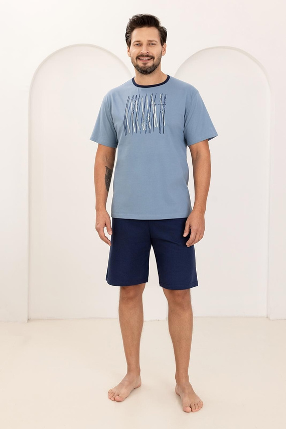 Pigiama uomo 500 Regina blu- 100% cotone, manica corta + pantaloncini, leggero e confortevole per l'estate