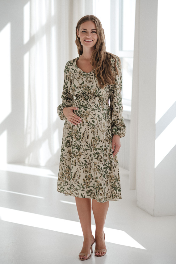 Lovely Dress Midi Milk&Love a fiori verdi - abito premaman e da allattamento in lino, taglio elegante con cerniere da allattamento