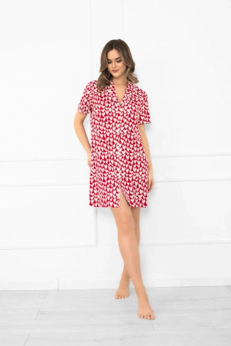 Ksenia Italian Fahion - camicia da notte da donna in cotone con cuori, abbottonata, a maniche corte