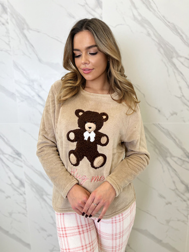 Pigiama da donna Madlen Sorbetto marrone - in pile, con ricamo di orsetto e pantaloni a quadri