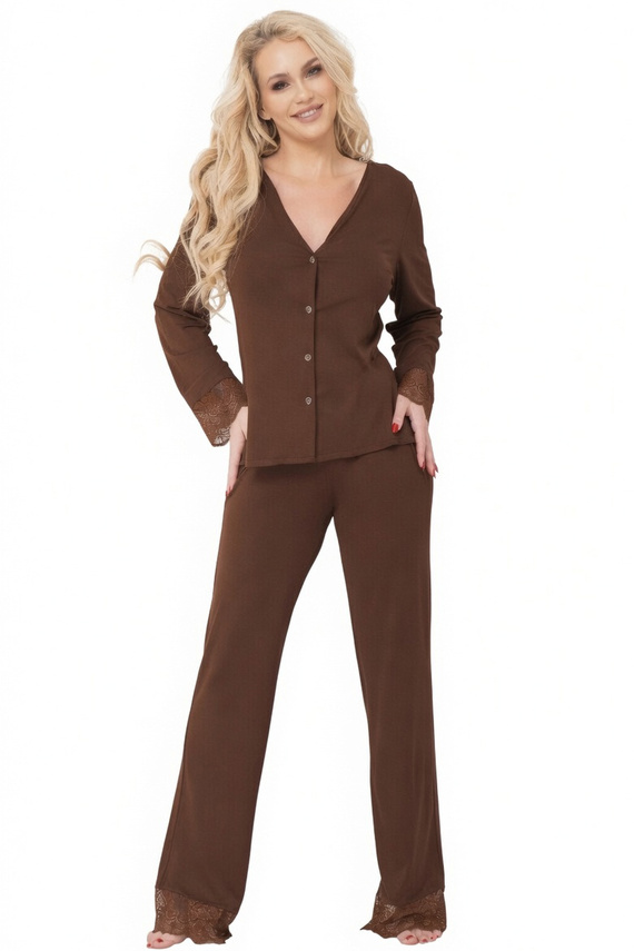 Pigiama donna Kalimo Penang in viscosa, lunga, aperta con pizzo - brown mono