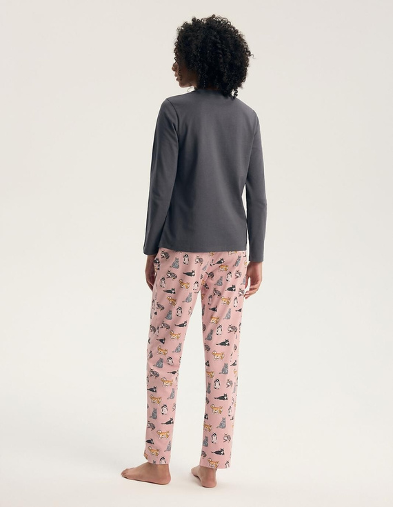 Pigiama da donna Henderson Ginni 45419 100% cotone manica lunga gatti grigia