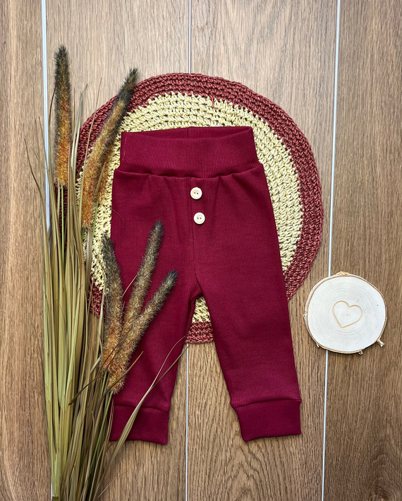 Leggings da bambino LC014 bordeaux in cotone a coste con bottoni in legno