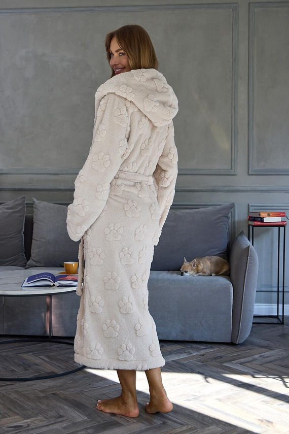 L&L Fibi 2635 Accappatoio donna lungo con cappuccio morbido motivo zampe di cane - angora