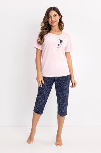 731 Pigiama da donna in cotone Regina Pink - 100% cotone, manica corta, camicia stampata, pantaloni al ginocchio, comfort per la notte