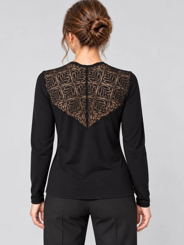 Blusa donna Emisa Eldar nera con pizzo, scollo a V, manica lunga