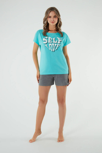 Selfie Pigiama da donna a manica corta, pantaloncini Moda italiana - turchese/melange