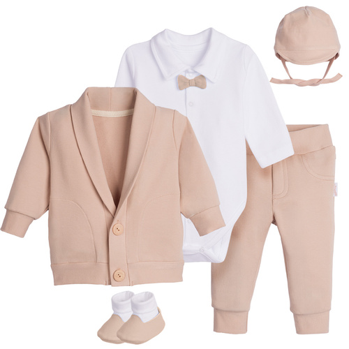 169396 Completo per battesimo bambino 5 pezzi body, felpa, pantaloni in cotone