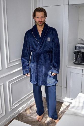 L&L Elegant 2664 Accappatoio Uomo Corto in Tessuto Waffle Morbido con Colletto blu scuro