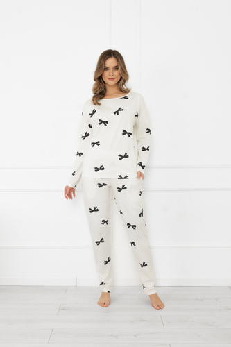 Pigiama da donna Figaro - ecru, cotone, manica lunga + pantaloni lunghi Moda italiana