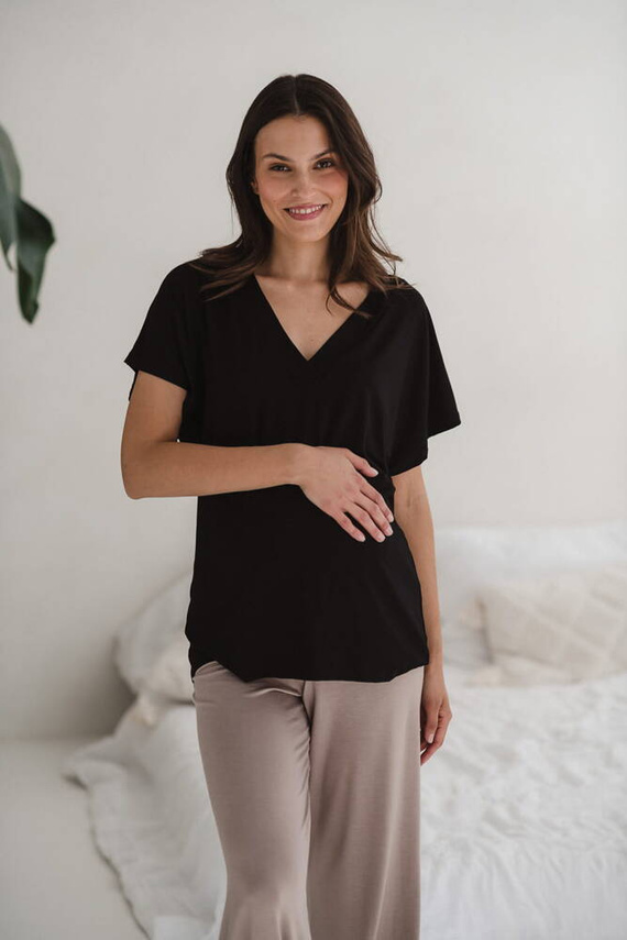 Moon bambusowa bluzka od piżamy ciążowej do karmienia krótki rękaw Milk&Love czarny