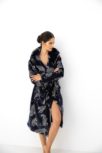 Accappatoio donna Sensis Vespera blu scuro con cappuccio lungo con stampa animalier