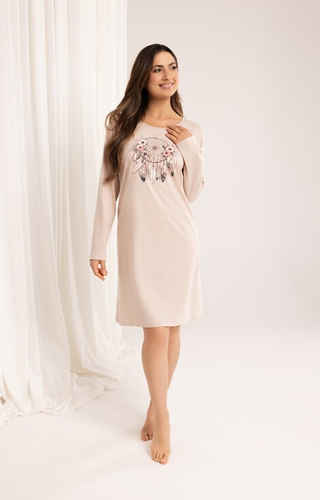 162 Camicia da notte in cotone Regina beige - manica lunga, stampa, sotto il ginocchio