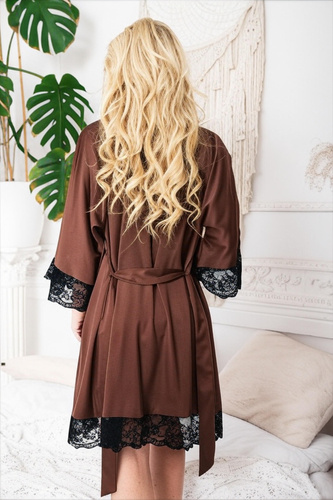 Sumi Kalimo - vestaglia da donna in raso con pizzo, elegante vestaglia marrone con cintura