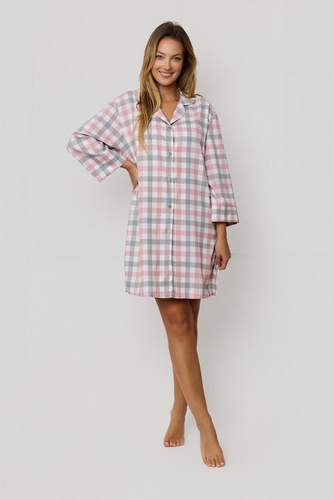 Camicia da donna Stella KG80 Mefemi by Nipplex rosa-grigio - elegante camicia a quadri in tessuto di alta qualità, maniche lunghe, bottoni, spacchi laterali