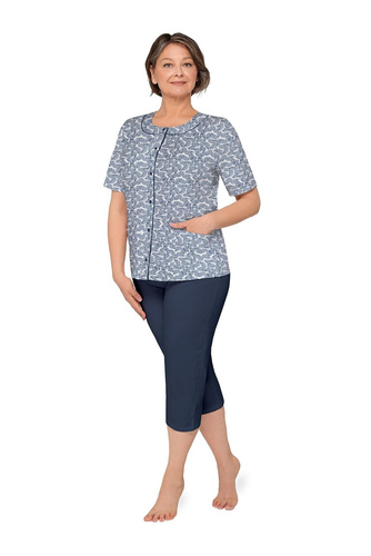 Pigiama donna Martel Maria I 200 aperta 100% cotone manica corta blu navy con foglie 41