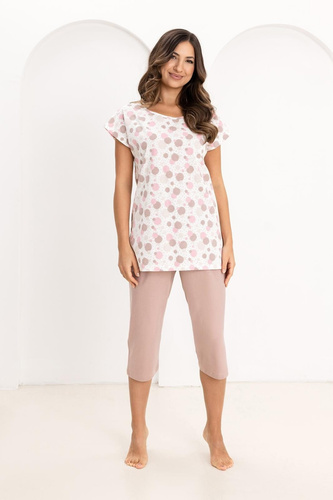 Pigiama da donna in cotone Regina 730 beige- Camicia con colletto a cerchi, manica corta, pantaloni a 3/4, 100% cotone, comfort estivo
