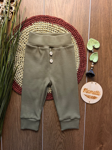 Leggings da bambino LC009 khaki in cotone a coste con bottoni in legno