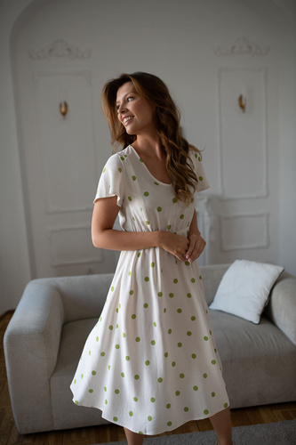Lovely Dress Midi Milk&Love Abito Premaman e per Allattamento in Lino Pistacchio a Pois