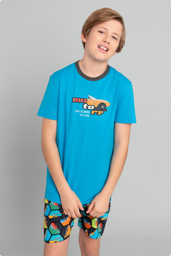 Pigiama da bambino a maniche corte, pantaloni Moda Italiana - turchese/stampa