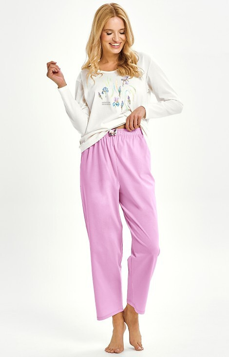 3459 Monica Pigiama donna Taro crema - 100% cotone, manica lunga, stampa floreale