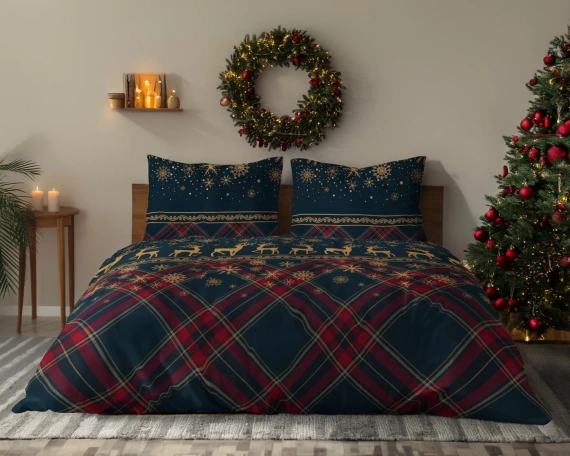 Pościel Detexpol 6058 A Renne invernali blu navy e rosso 100% cotone