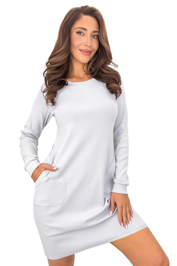 Donna Home Camicia da Notte Donna Cotone A Costine Manica Lunga Tasche grigia