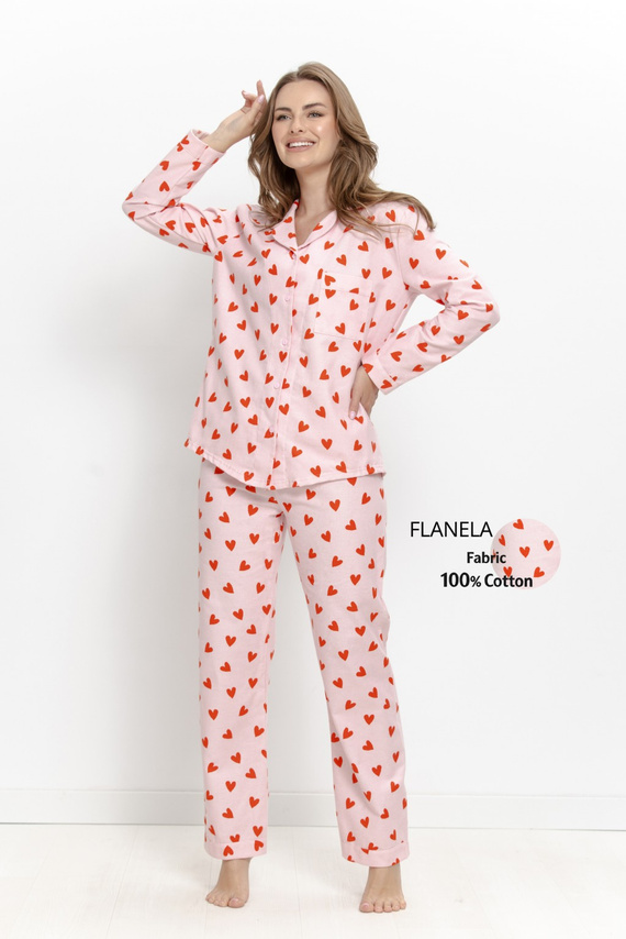 Pigiama donna Taro Sorella 3628 in flanella 100% cotone con apertura e stampa cuori