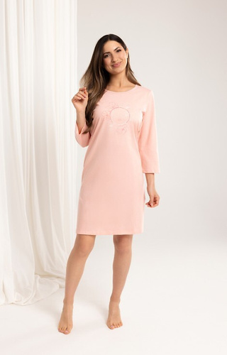 163 Camicia da notte in cotone Regina albicocca - manica 3/4, stampa, sotto il ginocchio