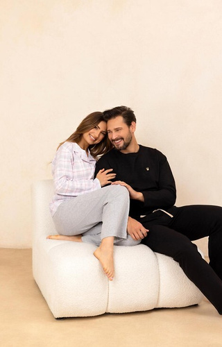 727 Pigiama da donna grigio Regina - 100% cotone, a quadri, camicia con bottoni