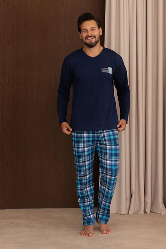 Regina 6011 Pigiama Uomo 100% Cotone Manica Lunga Pantaloni a Quadri Blu Scuro