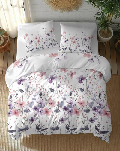 5773 B Cotton Bloom Detexpol biancheria da letto bianca con fiori di campo rosa e viola - 100% cotone, double face, produzione polacca