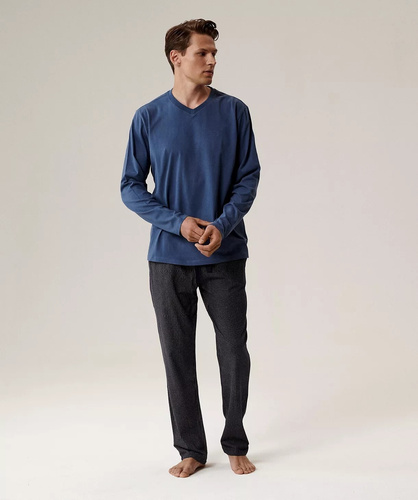 Pigiama da uomo NMP-389 Atlantic - cotone blu, manica lunga, set elegante per le notti fredde