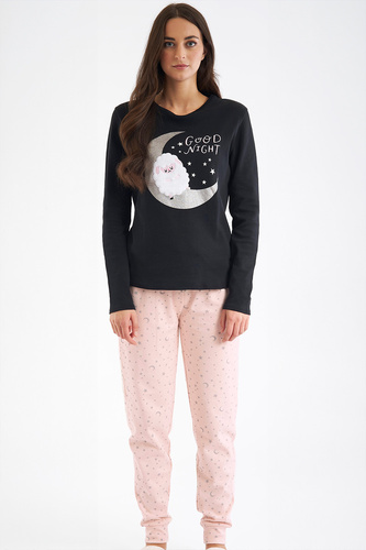 Shearly Pigiama da donna Sorbetto nero - 100% cotone, applicazioni 3D, pantaloni con coulisse