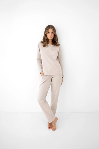 Pigiama donna Sensis Mikaela beige in cotone manica lunga pantaloni con tasche