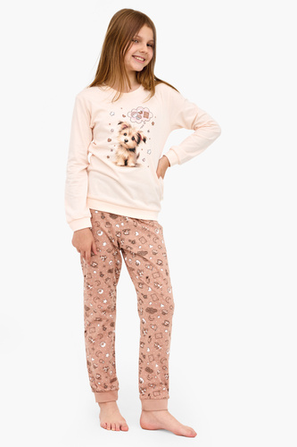 592/193 Sweet Dog Cornette - pigiama ecru per bambina, 100% cotone, cagnolino